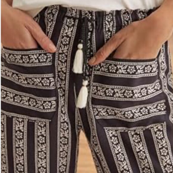 WOMEN'SECRET Boho Black Print Long Pant Mid Rise Draw String Sz L Front Pocket - Picture 2 of 16